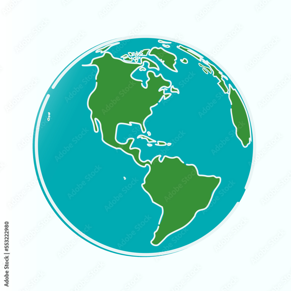Isolated vector ilustration simple green island blue sea ocean of planet earth globe, America, Africa and Europe global map Icon Symbol