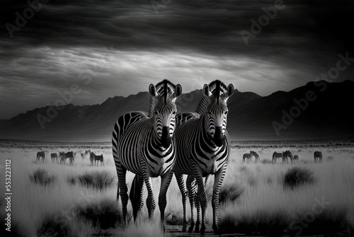 Shot of zebras in the distance  in black and white Generative AI