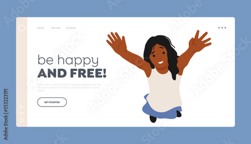 Childhood, Happiness, Joy, Fun Concept for Landing Page Template. Happy Girl Waving Hands View from Above