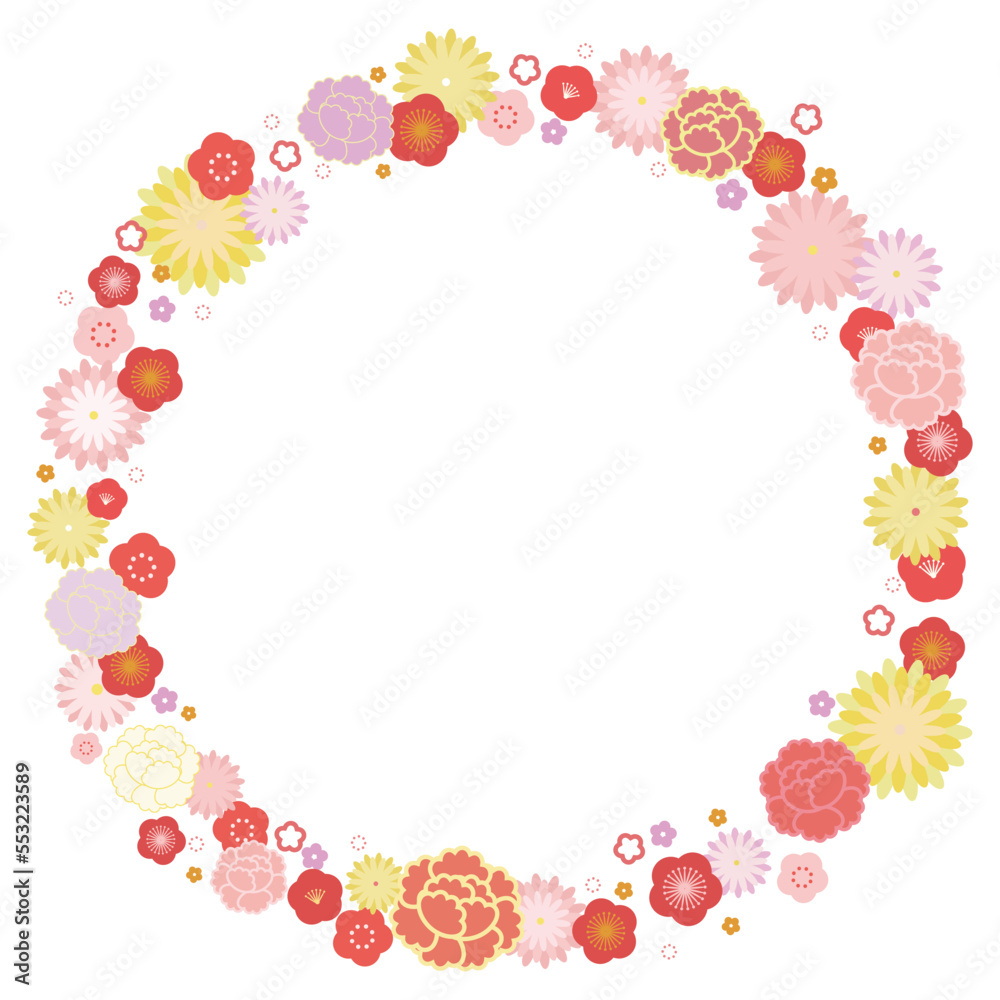 梅と牡丹と菊の円フレーム