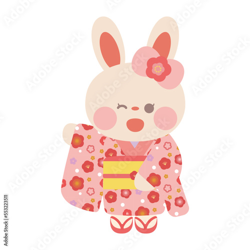手を振ってウィンクする着物を着たうさぎさん
