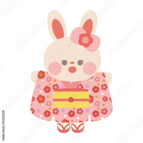 万歳する着物を着たうさぎさん