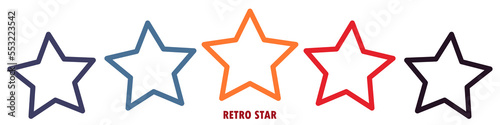 Colorful rating 5 stars in retro style on a white background. Feedback concept for mobile app or website. Quality shape design. Vector illustration in 1970s 1980s 1960s style.