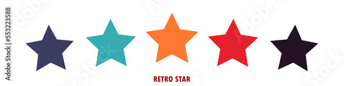 Colorful rating 5 stars in retro style on a white background. Feedback concept for mobile app or website. Quality shape design. Vector illustration in 1970s 1980s 1960s style.