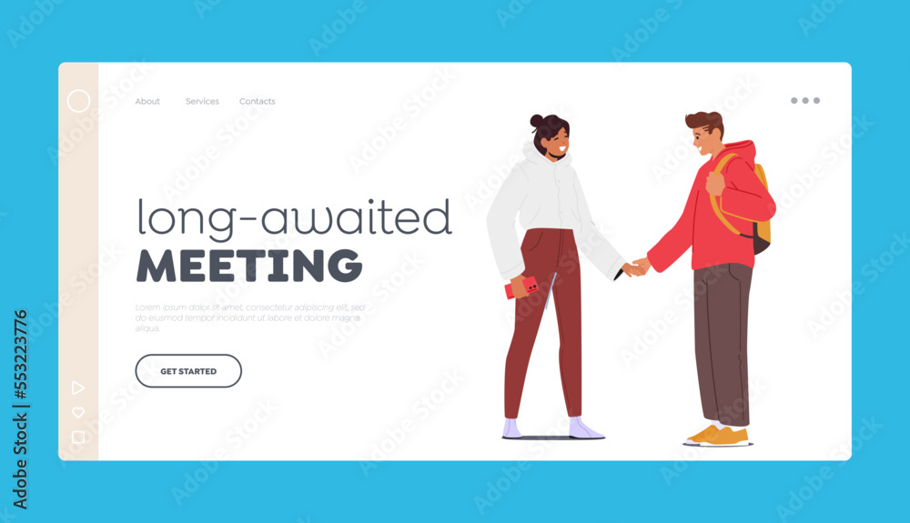 Loving Couple Romantic Relations Landing Page Template. Male and Female Characters Holding Hands Vector Illustration