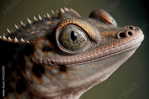 A detailed headshot of a vorax gecko, also known as a huge halmaheran gecko. Generative AI photo