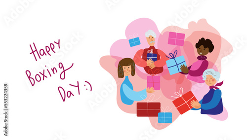 Men and women of different genders and ages give each other gifts  Xmas eve. Boxing day. New year celebration  concept banner  poster modern flat vector illustration
