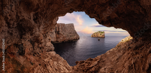 Obraz na plátně Cave on Rocky Coast with Cliffs on the Mediterranean Sea