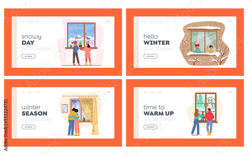 Family Characters Enjoying First Snow Landing Page Template Set. Couple and Kids Stand at Window Looking on Snowflakes