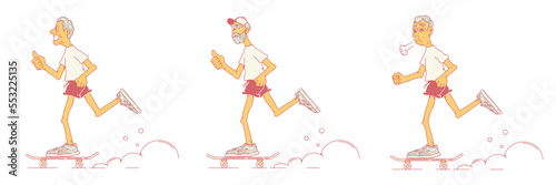 Elderly men ride a skateboard, old people ride a skateboard. Shows thumbs up. Sports people. Side view. Stock vector illustration of elderly men, pensioners leading an active lifestyle.