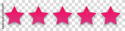 Star pink icon on transparent background. Customer feedback concept. Vector 5 stars rating review. Quality shape design. Vector yellow isolated five stars.