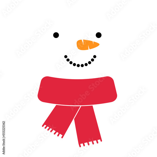 Happy snowman face with red scarf. Christmas decoration. Cartoon snowman head on white background. Flat style vector illustration.