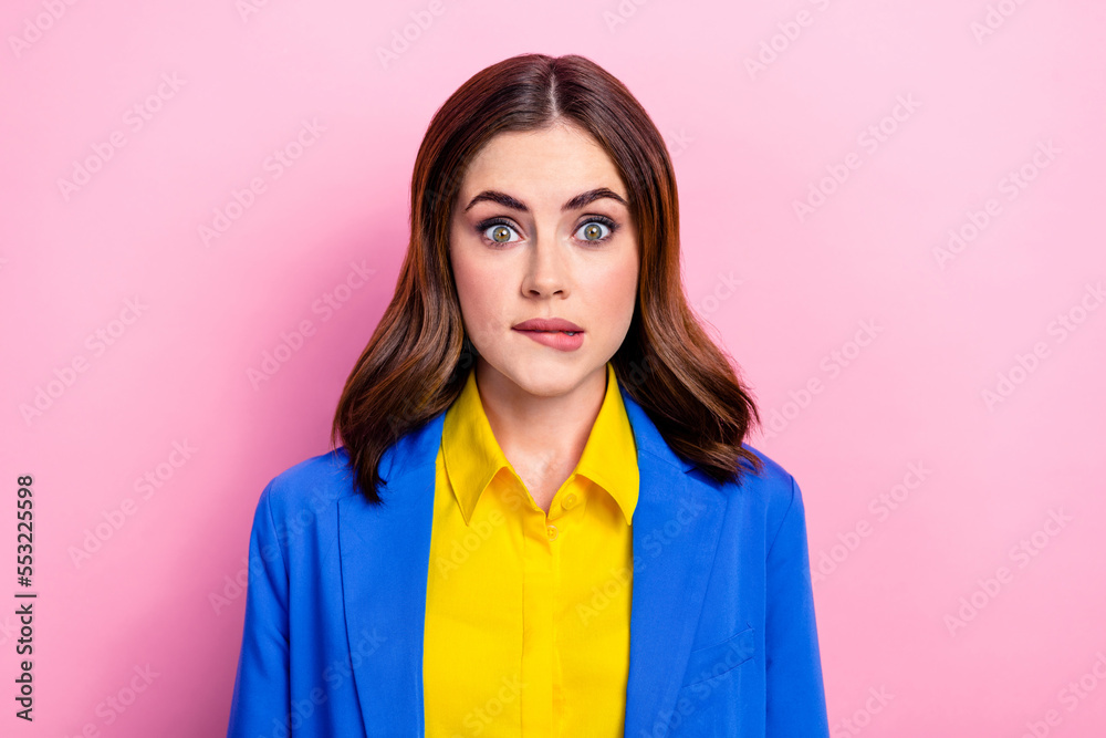 Photo of young confused business lady blue blazer bite lips oops sorry forgot buy more food supermarket nervous isolated on pink color background Photo of young confused business lady blue blazer bite lips oops sorry forgot buy more food supermarket nervous isolated on pink color background