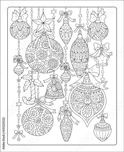 Christmas Ornaments Coloring page, christmas decorations. Christmas Coloring Sheet for Adults. Coloring pages for kids, party activity to have a great time.