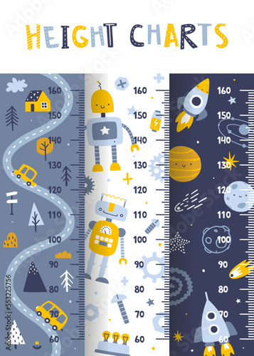 Height chart set for baby boys. Scandinavian design collection of ruler for kids. Naive stadiometer for nursery.