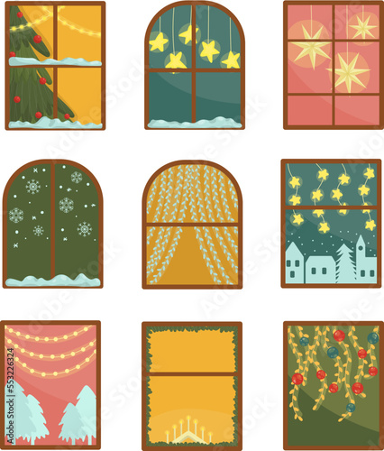 Vector set with christmas decorated windows