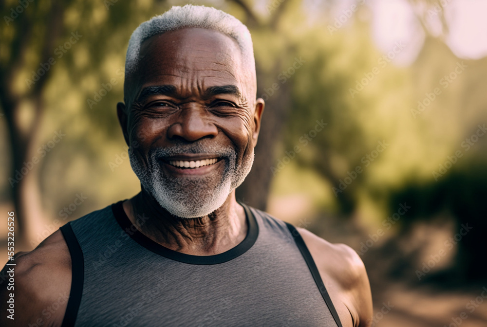 Portrait of a senior. Black man stretching outdoors. Senior fitness exercise. Fictional person, Generative AI Portrait of a senior. Black man stretching outdoors. Senior fitness exercise. Fictional person, Generative AI