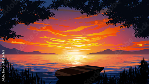 sunset on the lake with boat © Johnster Designs
