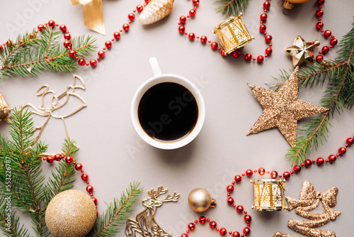 cup of coffee on holidays background. Christmas mood background	