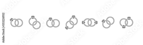 Wedding ring  line icon set. Ring with diamond. Vector EPS 10
