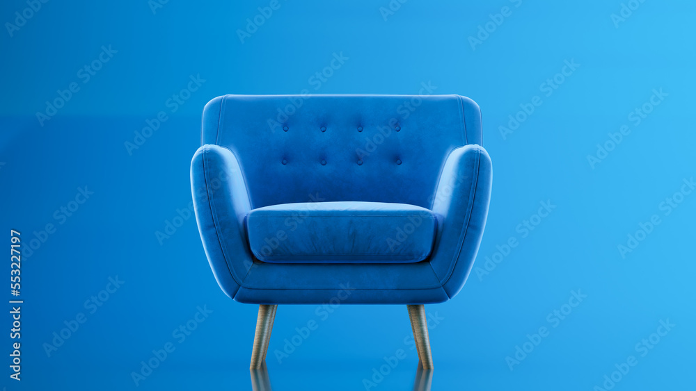 Fototapeta premium 3D render of blue sofa isolated over blue studio background.