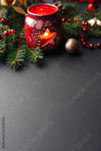 Close up view of fir tree branch, Christmas mood background