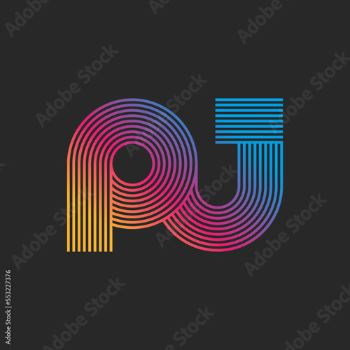 Calligraphy initials letter PJ or JP monogram logo bright gradient parallel thin lines in the minimal style, rounded shapes two letters P and J together, creative emblem for business or wedding card.