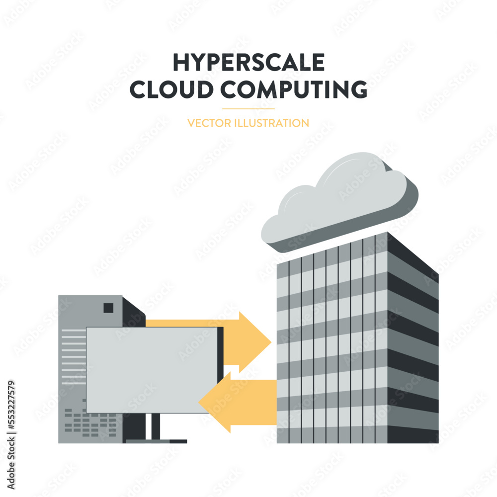Vector illustration of cloud server and workstation with arrows. Illustration of computer and monitor connected with cloud storage. Represents a concept of hyperscale cloud computing.