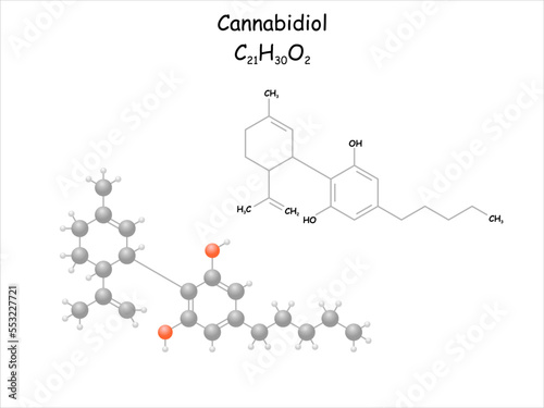 Stylized 2D Molecule model/structural formula of cannabidiol.