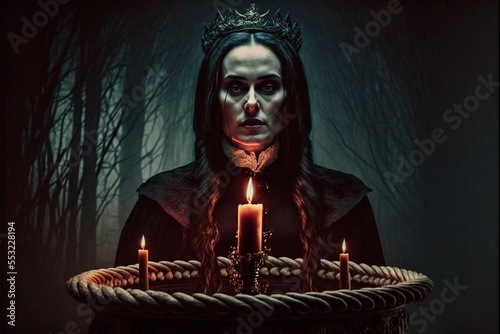 Witch with a candle on dark background. Woman Negative. Witch in the forest night halloween.