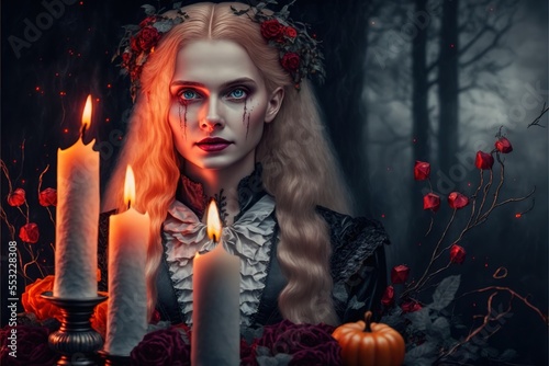 Woman witch on dark background with candle. Negative. Halloween.