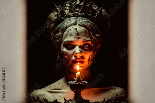 Woman witch on dark background with candle. Negative. Halloween.