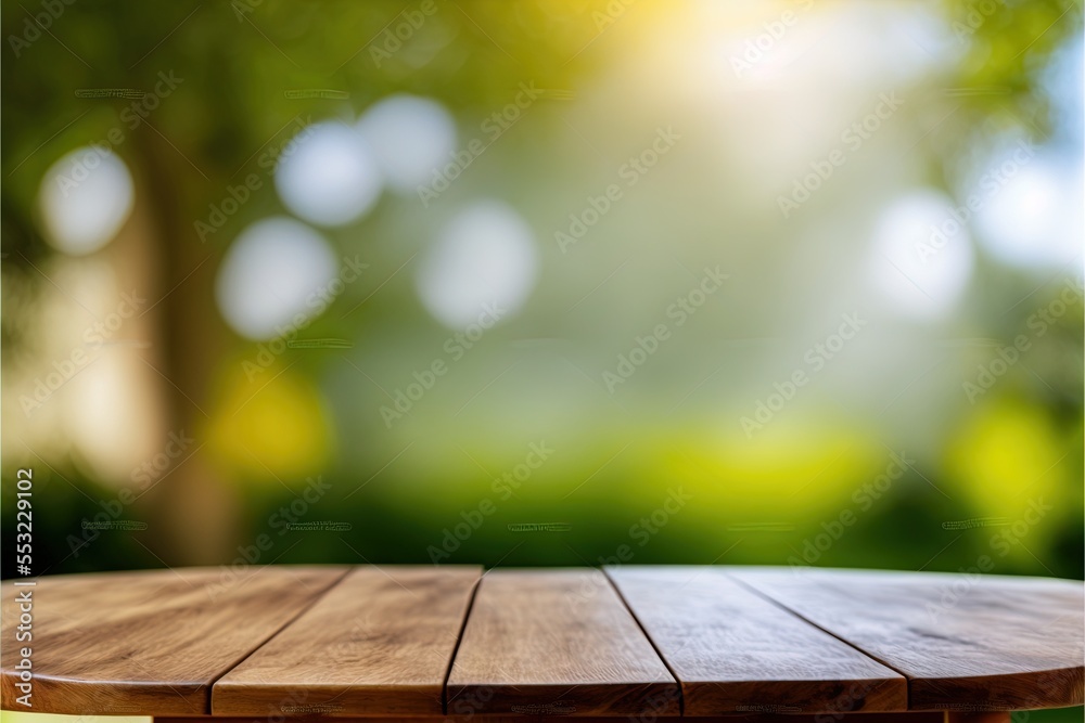 defocused bokeh backdrop with a focused foreground table for product display Generative AI