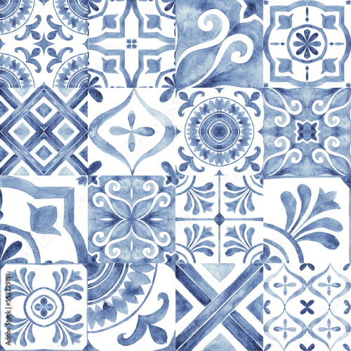 Azulejos - Portuguese tiles blue watercolor pattern. Traditional ornament. Variety tiles collection. Hand painted illustration photo