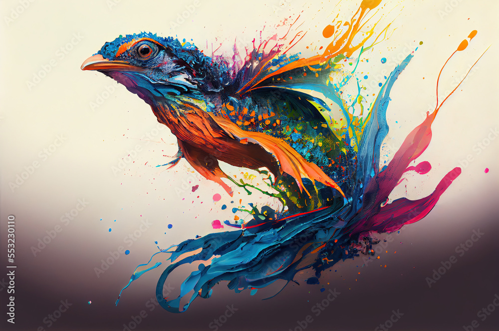 Obraz premium Colorful bird illustration on of a splash of paint background. colorful paints smudges, spatter. generative AI 