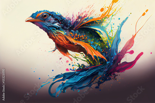 Colorful bird illustration on of a splash of paint background. colorful paints smudges, spatter. generative AI 