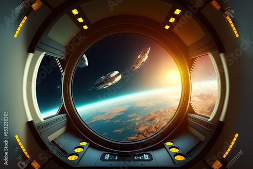 Fototapeta Naklejka Na Ścianę i Meble -  Sci-fi spaceship window Generative AI illustration