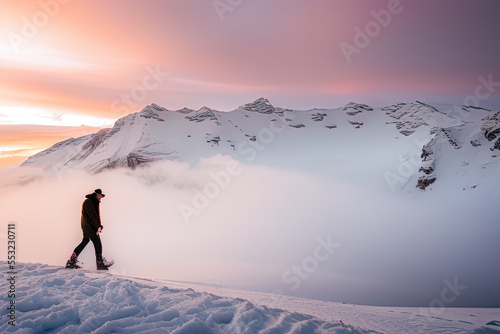 photography of a man walking up a snow covered slope - AI Generated