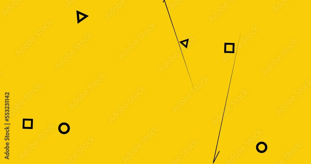 different shapes bouncing off the edges of the screen on a flat yellow background. 4K seamless loop animation