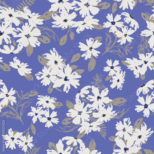 Very peri flowers and leaves seamless pattern