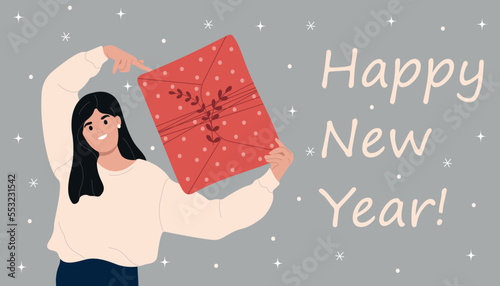 Happy New Year greeting card flat vector template.Overjoyed young woman holding a gift.Winter holiday printable banner design idea.