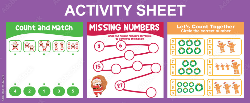 3 in 1 Mathematic Activity Sheet for children. Educational printable worksheet for preschool. Vector illustrations. 