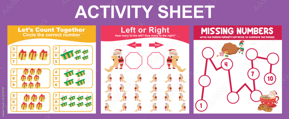 3 in 1 Mathematic Activity Sheet for children. Educational printable worksheet for preschool. Vector illustrations. 