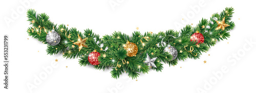 Christmas holiday decoration. Fir tree garland, divider. Gold and red glitter ornaments. Sparkling balls, stars and ribbons.