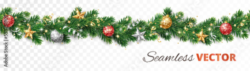 Christmas holiday decoration. Fir tree garland, divider. Gold and red glitter ornaments. Sparkling balls, stars and ribbons.