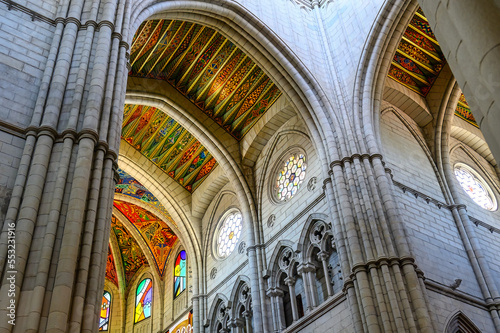 Almudena Cathedral, interior architecture with columns and arches, Madrid, Spain