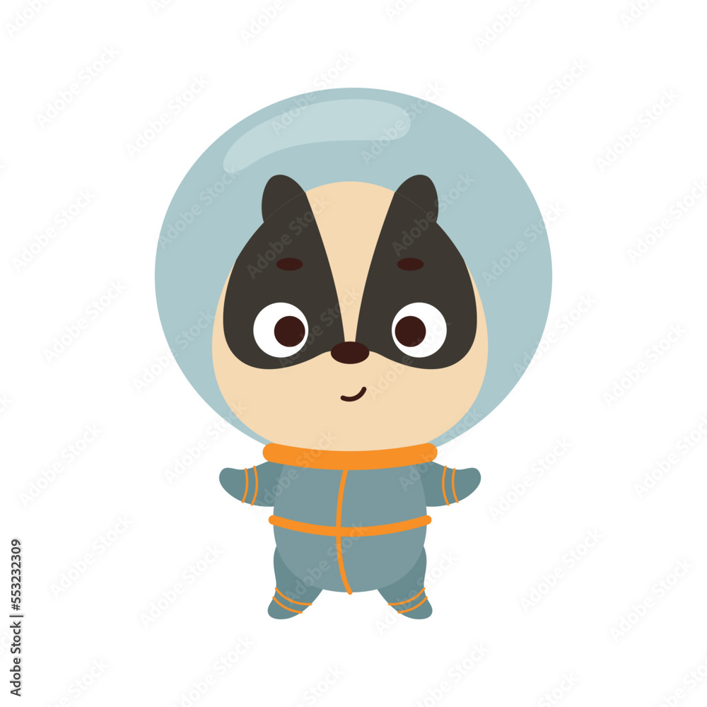 Cute little spaceman badger on white background. Cartoon animal character for kids t-shirts, nursery decoration, baby shower, greeting card, invitation, house interior. Vector stock illustration