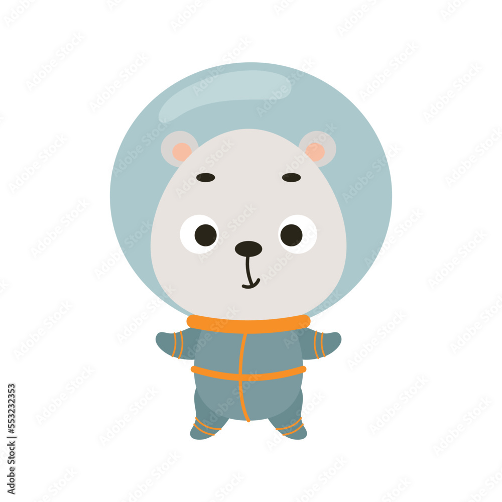 Cute little spaceman polar bear on white background. Cartoon animal character for kids t-shirts, nursery decoration, baby shower, greeting card, invitation, house interior. Vector stock illustration Cute little spaceman polar bear on white background. Cartoon animal character for kids t-shirts, nursery decoration, baby shower, greeting card, invitation, house interior. Vector stock illustration