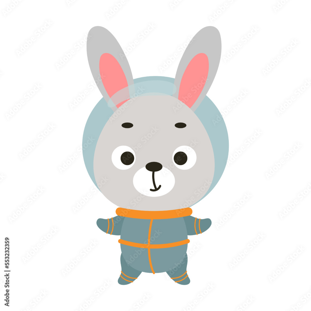 Cute little spaceman bunny on white background. Cartoon animal character for kids t-shirts, nursery decoration, baby shower, greeting card, invitation, house interior. Vector stock illustration Cute little spaceman bunny on white background. Cartoon animal character for kids t-shirts, nursery decoration, baby shower, greeting card, invitation, house interior. Vector stock illustration