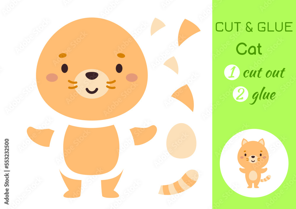 Cut and glue paper little cat. Kids crafts activity page. Educational game for preschool children. DIY worksheet. Kids art game and activities jigsaw. Vector stock illustration Cut and glue paper little cat. Kids crafts activity page. Educational game for preschool children. DIY worksheet. Kids art game and activities jigsaw. Vector stock illustration